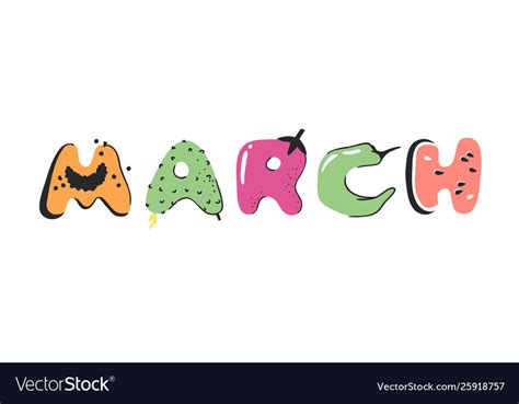 Cartoon vegetables and fruits word march hand Vector Image