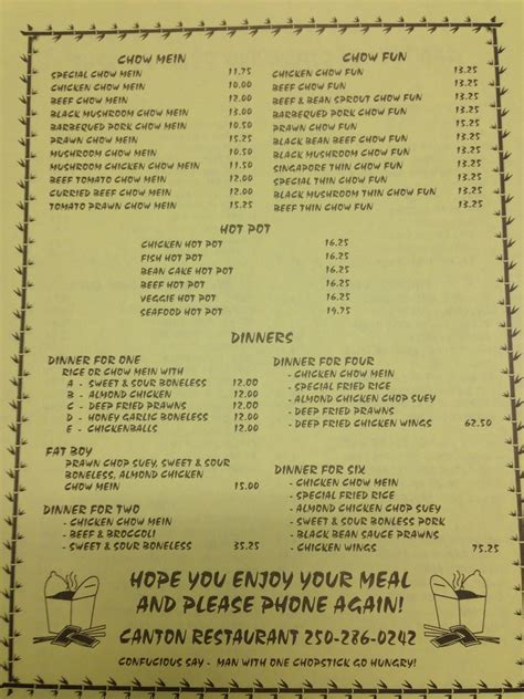 Menu at Canton restaurant, Campbell River