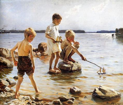 Boys Playing at the beach Child impressionism Painting in Oil for Sale