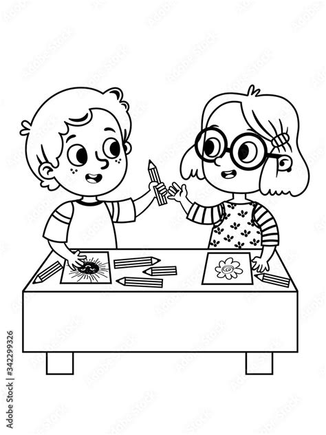 Two cute school children drawing pictures. Black and white vector ...