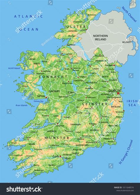 Mapa físico detallado de Irlanda con: vector de stock (libre de regalías) 1011648574 | Shutterstock