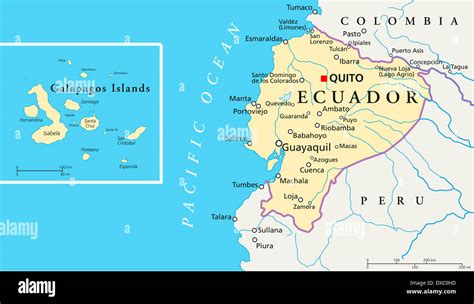 Political map of Ecuador and Galapagos Islands with the capital quito, national borders, most ...