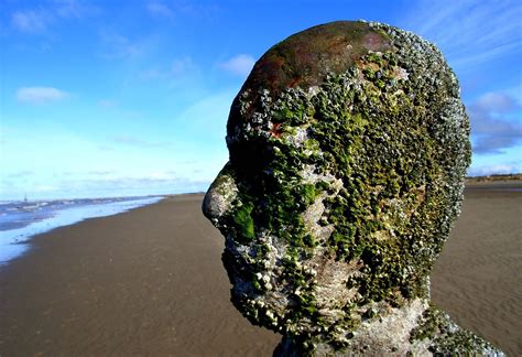 A weathered Gormley statue shows its age after being exposed to the elements at Crosby beach ...