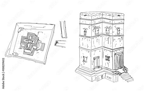 Hand drawn sketch of Rock-Hewn Churches, Lalibela, Ethiopia isolated ...