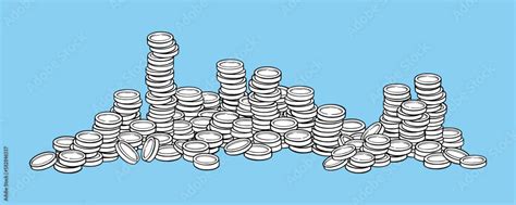 Coin pile with coin towers. Game gold or silver currency. Vector ...