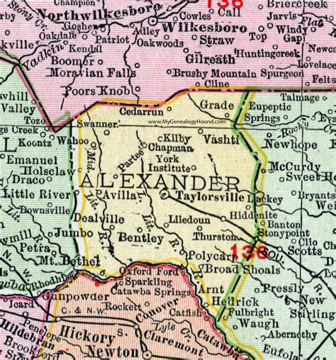 Alexander County, North Carolina, 1911, Map, Rand McNally, Taylorsville, Stony Point, Hiddenite