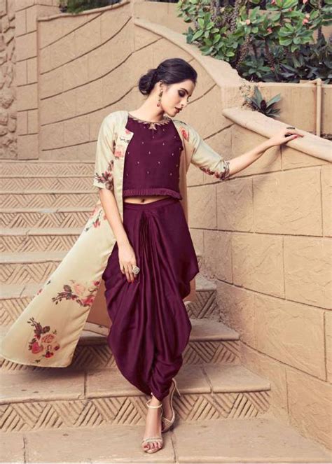 Burgundy Rayon Solid Top & Dhoti Style Indo Western With Flower Print Jacket | Western dresses ...