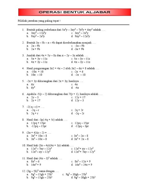 Soal Aljabar Kelas 7 Smp | LEMBAR EDU