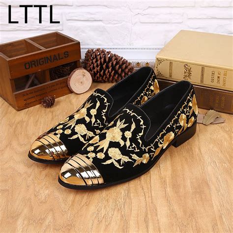 LTTL Black loafers with gold embroidery Men Shoes Slip-on Gold Toes Low ...