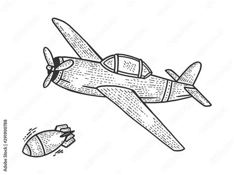 Bomber plane drops bomb sketch engraving vector illustration. Scratch board style imitation ...