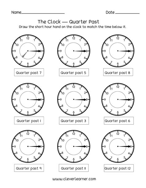 Telling time, quarter past the hour worksheets for 2nd graders