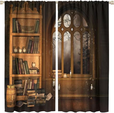 Amazon.com: Retro Gothic Room Curtains, Vintage Bookshelf Near to The Arch Window, Blackout ...