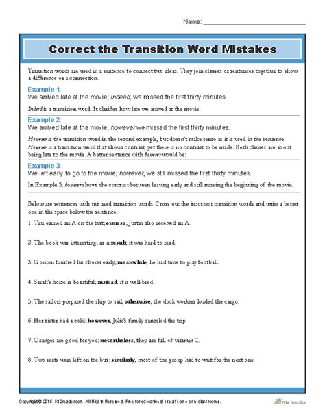 Correct the Transition Words Mistakes | Transition Words Worksheet ...