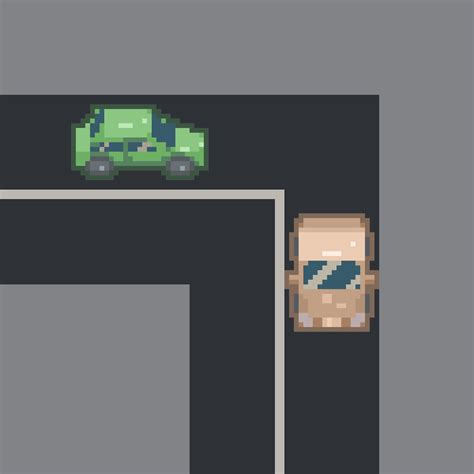 an image of a car driving down the road in pixel art style with text overlay