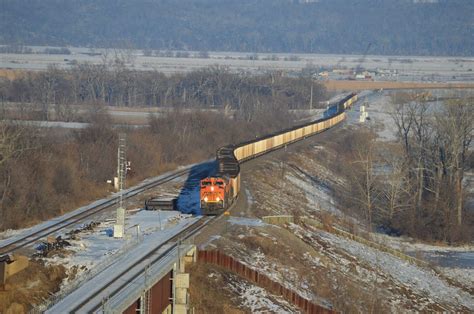 Empty coal train snaking it’s way up to the Missouri River bridge. : trains