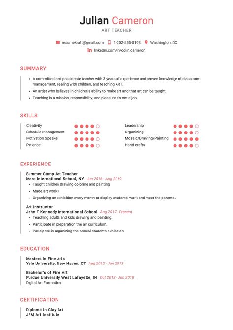 Art Teacher Resume Sample in 2024 - ResumeKraft