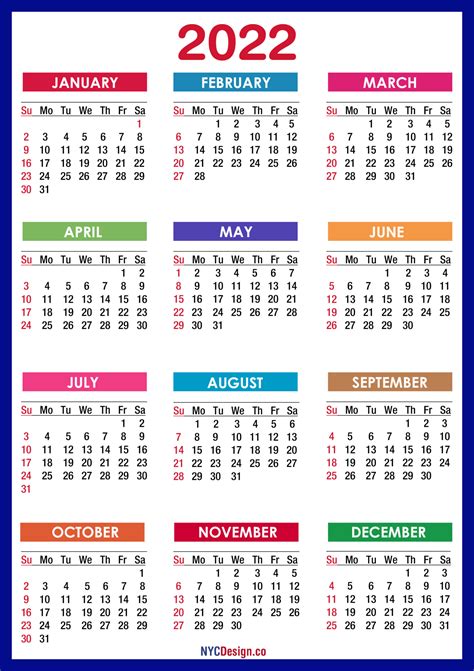 2022 Calendar Printable Free, PDF, Colorful, Blue, Green – Sunday Start ...