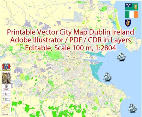 Dublin Map Ireland, Printable Vector exact detailed City Plan, Scale 1: ...