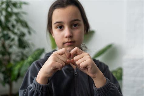 Beautiful Smiling Deaf Girl Using Sign Language. Stock Image - Image of ...