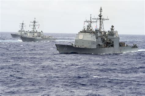 Front to back - USS ANTIETAM (CG 54), USS STERETT (DDG 104), and USS GRIDLEY (DDG 101) Naval ...