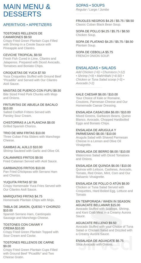 Casa Cuba menu in South Miami, Florida, USA