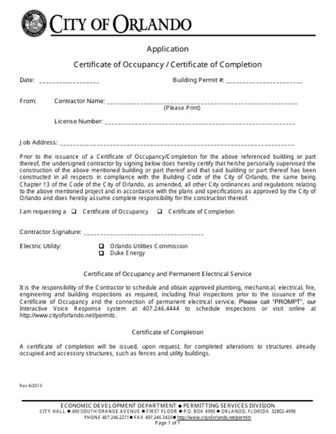 City of Orlando, Florida Application for Certificate of Occupancy ...