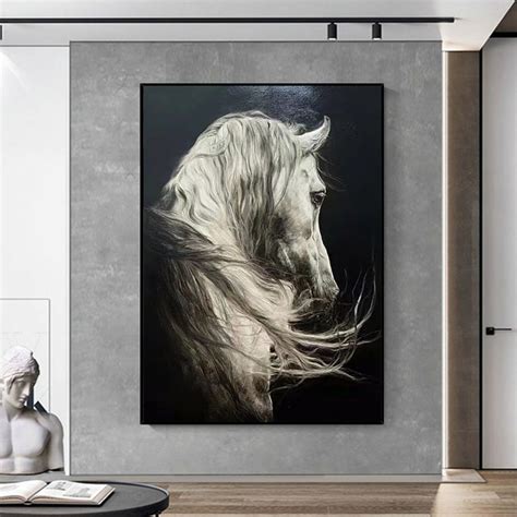 Large White Horse Oil Painting Wild Horse Canvas Art Black and White ...