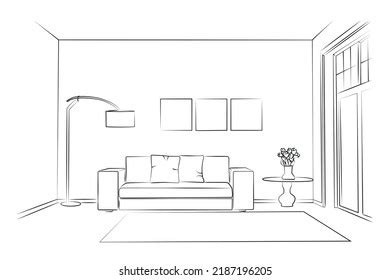 Living room, illustration vectorielle dessinée en : image vectorielle de stock (libre de droits ...