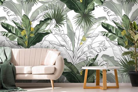 Banana Leaf Wallpaper Peel and Stick Leaf Drawing Art Wall - Etsy