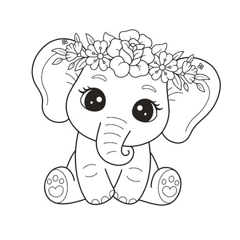 Premium Vector | Cute elephant in a flower crown hand drawn coloring page