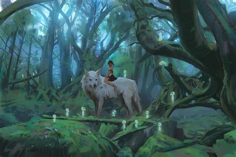 Wallpaper : Princess Mononoke, anime girls, spirits, fantasy art, fantasy girl, wolf, forest ...