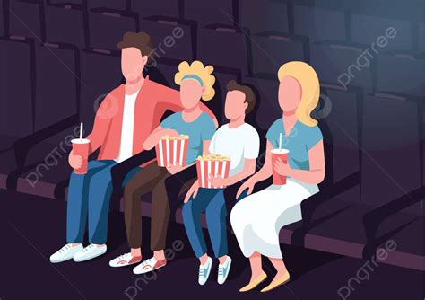 Family Watching Movie In Cartoon Cinema Interior Row Brother Entertainment Vector, Family ...