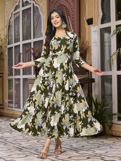 Womens Deep Green Printed Floral Dress - ShopGarb - 4189431