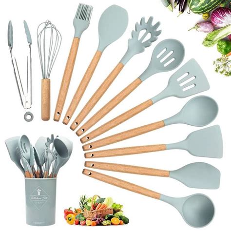 Molyqiu® Ensemble Ustensiles de Cuisine en Silicone et Bois Cuillère ...