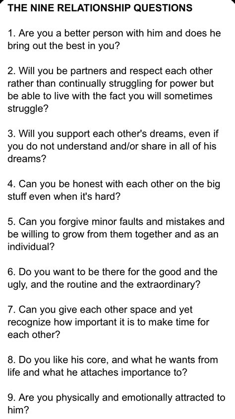 The nine relationship questions | Relationship questions, Relationship therapy, Healthy ...