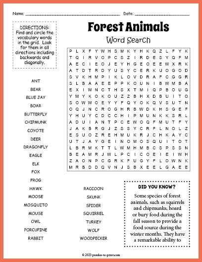 Forest Animals Word Search