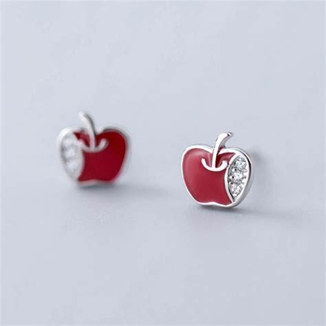 Real 925 Sterling Silver Earring Red Apple Crystal Tiny 0.7x0.7cm Stud Earrings For Women Girl ...