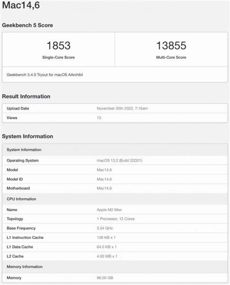 Apple M2 Max Chip runs Geekbench on a MacBook Pro with 96GB of RAM ...