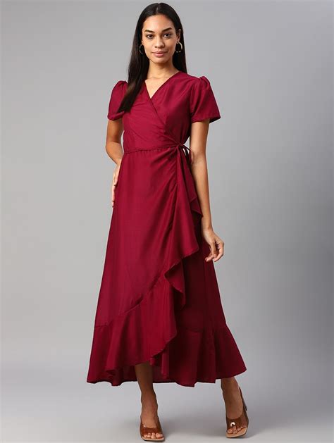 Buy online Overlap Neck Solid Wrap Dress from western wear for Women by ...