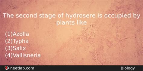 The second stage of hydrosere is occupied by plants like - NEETLab