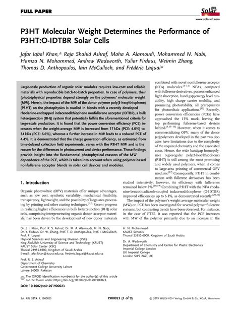 (PDF) P3HT Molecular Weight Determines the Performance of P3HT:O‐IDTBR ...