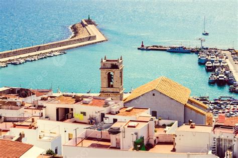 Aerial Panoramic View Of Peniscola City In Spain Photo Background And ...