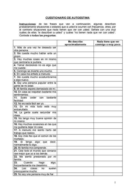 Escrupuloso Destino Abreviar cuestionario sobre autoestima Ambiente adecuado Preguntar