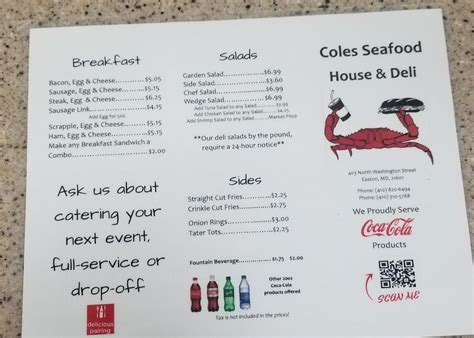 Menu at Cole's Seafood House & Deli restaurant, Easton