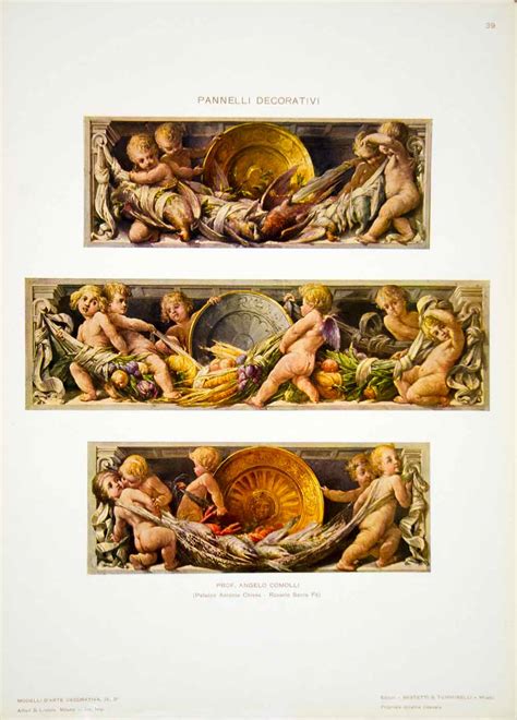 1917 Photolithograph Art Nouveau Panel Nude Putti Cornucopia Angelo Co ...