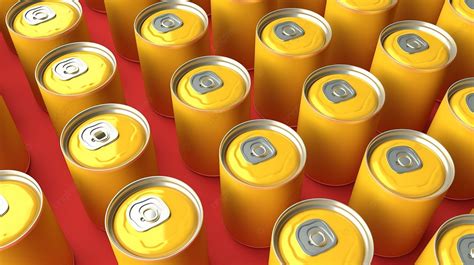 Vibrant 3d Render Array Of Yellow Isometric Aluminum Drink Cans With A Striking Red Accent On A ...