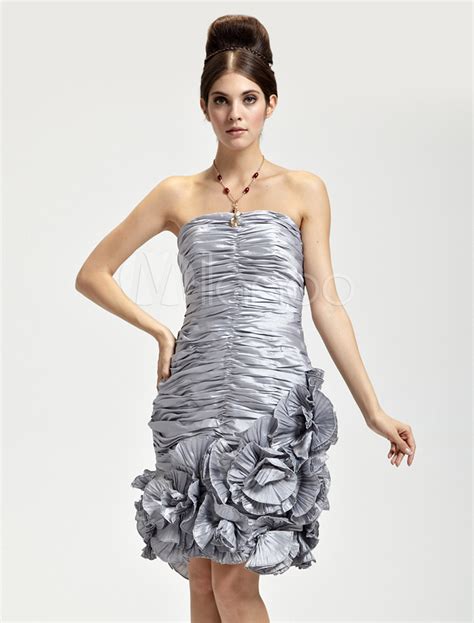 Adorable Silver Taffeta Strapless Applique Ladies Cocktail Dress | Blogtags