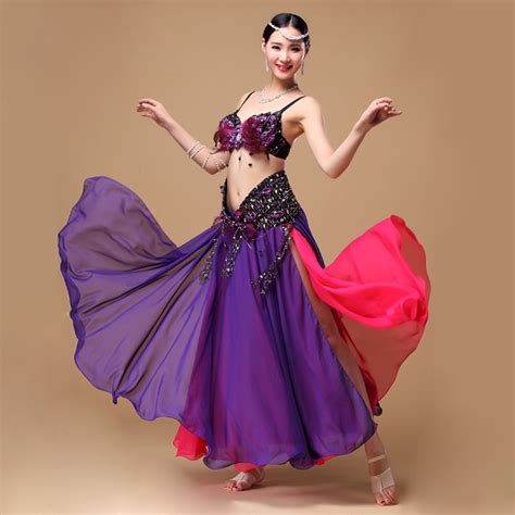 2017 Performance Oriental Dance Belly Dance Costumes Set 3pcs Feather Bra Belt Skirt Chiffon ...