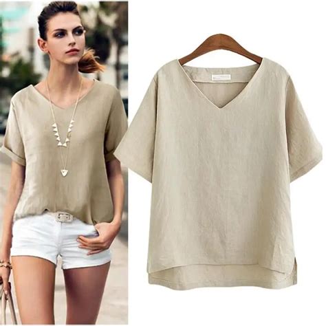 Cotton Linen Blouse Summer Short Sleeve Casual Shirt Women Tops Loose ...