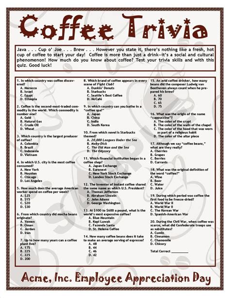 Coffee Trivia Printable Game - Coffee Theme - Birthdays - Anniversaries - Brunch - Showers ...